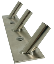 Cargar imagen en el visor de la galería, Edelstahl Grillaufsatz Classic von Serafin mit drei festen Spießhaltern, ideal für Grill, Lagerfeuer und Feuerschale; hochwertiges BBQ Zubehör hergestellt in Deutschland – Produktfoto auf weißem Hintergrund.