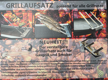 Charger l&#39;image dans la galerie, Serafin verstellbarer Grillaufsatz Steckerlfisch Stockbrot Gemüsespieß Schaschlik komplett aus Edelstahl

